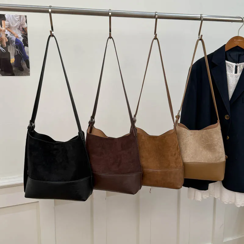 Sac Bandoulière Rétro Minimaliste Femme Suédine Similicuir Grande Capacité Sac Seau Avec Bandoulière Réglable Pochette Intérieure