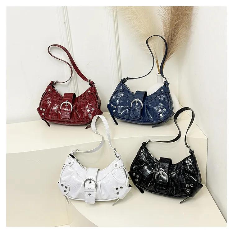 Sac À Épaule Hobo En Cuir PU À Motif Crocodile Avec Rivets Argentés Boucles Sac À Main Moto Rétro Y2K Pour Femmes