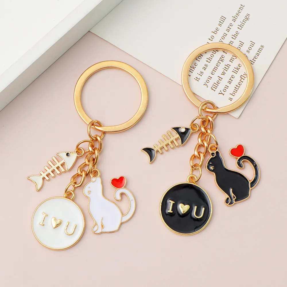 Cute Cartoon Cat Enamel Keychain Alloy Fishbone Heart I Love You Pendant Bag Hanging Ornament For Women Girls Key Ring