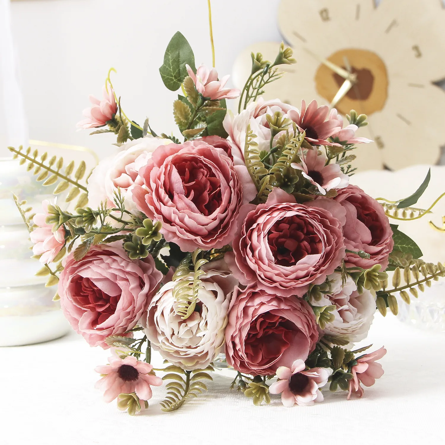 High Grade Artificial Peony Rose Flower Bouquet Satin Cloth Faux Floral For Wedding Home Decoration Photography Prop