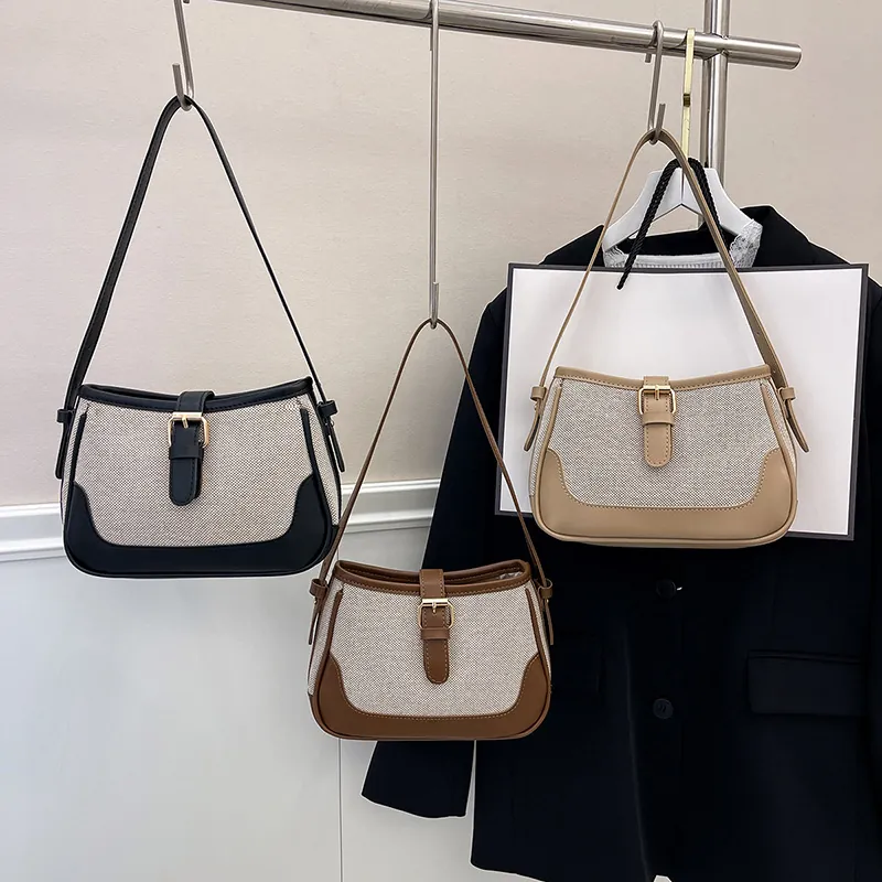 Retro Crossbody Bag For Women Canvas PU Leather Patchwork Adjustable Strap Underarm Shoulder Bag Minimalist Square