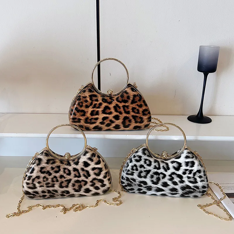 Leopard Print Glossy PU Evening Clutch Bag With Golden Circular Handle And Detachable Chain Strap For Party Wedding
