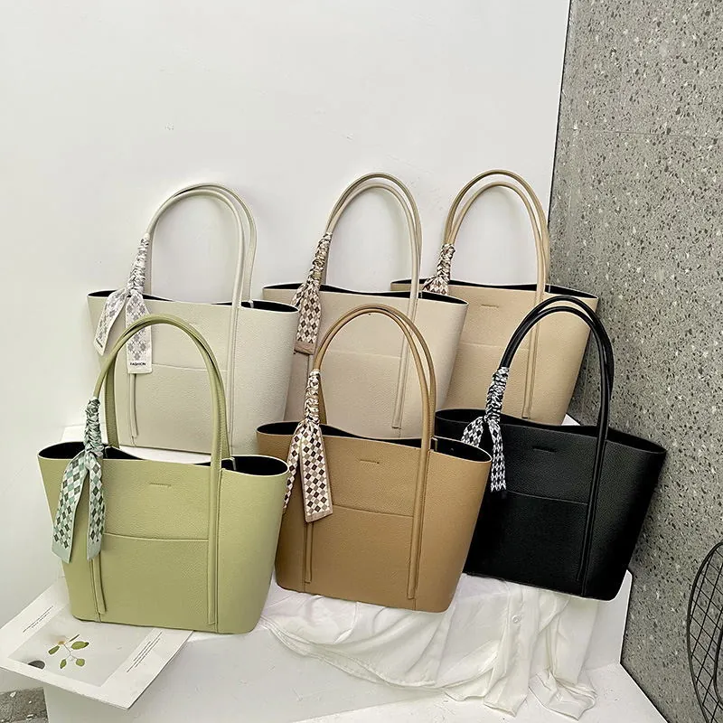 Large Capacity Tote Bag Lychee Pattern PU Leather Women Commuter Handbag With Satin Scarf Decor