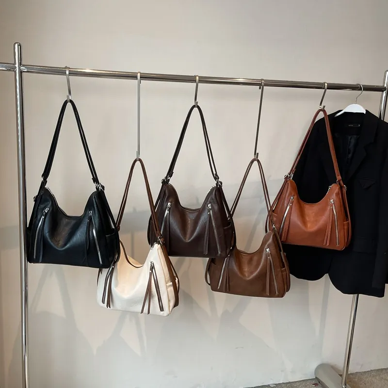 Women Soft PU Leather Hobo Bag Multi-functional Backpack Large Capacity Shoulder Crossbody Purse Decorative Zippers Retro