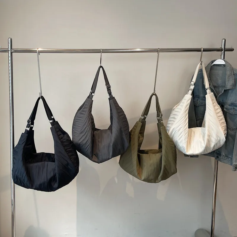 Pleated Hobo Bag Large Capacity Canvas Crinkled Texture Adjustable Strap Urban Casual Solid Color Shoulder Tote Handbag