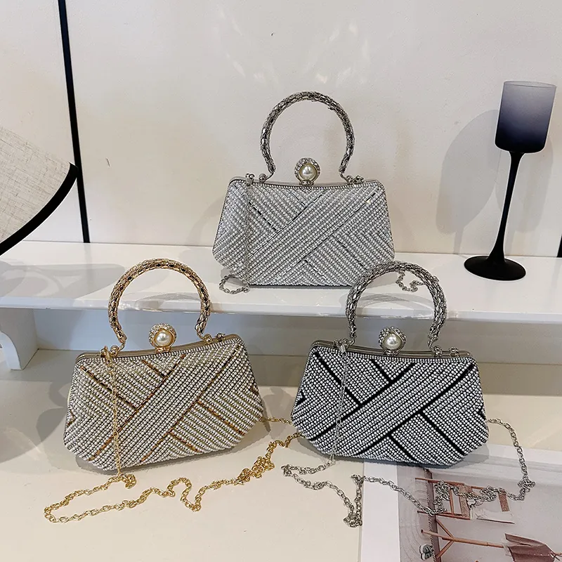 Evening Clutch Bag Rhinestone Artificial Pearl Geometric Pattern Circular Handle Detachable Chain Strap For Women Wedding Party Luxury