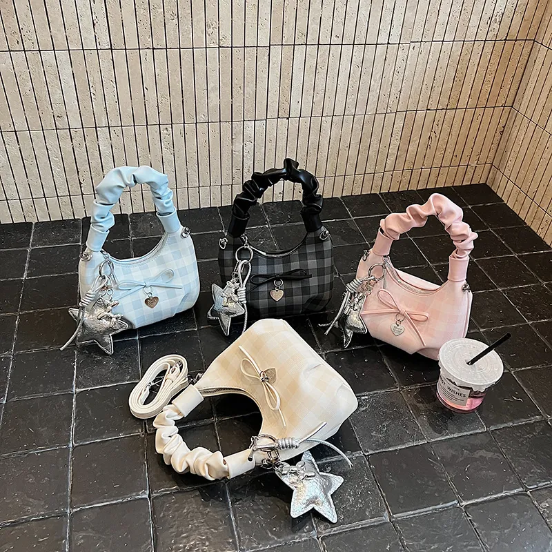 Borsa A Mano A Quadretti Gingham In Pelle PU Manico Pieghettato Decorazione Fiocco Pendente Cuore Borsa Tracolla
