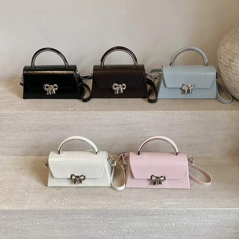 Women Crossbody Bag PU Leather Metal Bowknot Lock Top Handle Small Square Box Elegant Versatile Shoulder Bag