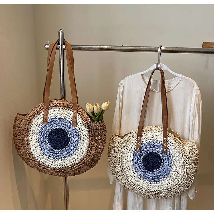 Women Retro Woven Straw Shoulder Bag Large Capacity Round Evil Eye Pattern Beach Vacation Tote Leather Strap