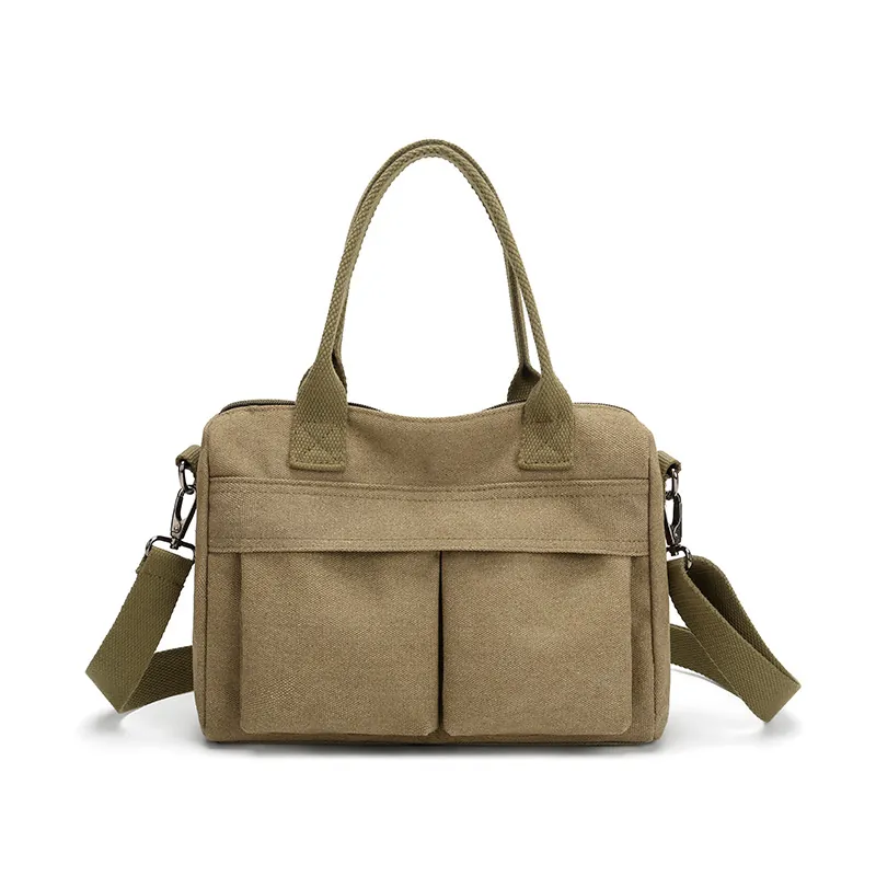 Women High Density Canvas Crossbody Bag Large Capacity Front Double Pockets Casual Commuter Adjustable Strap Solid Color