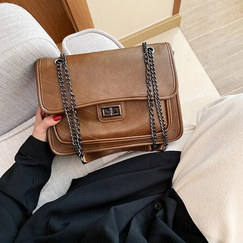 Sac À Bandoulière Matelassé Pour Femmes En Cuir PU Motif Chevron Fermoir À Tourniquet Élégant Polyvalent