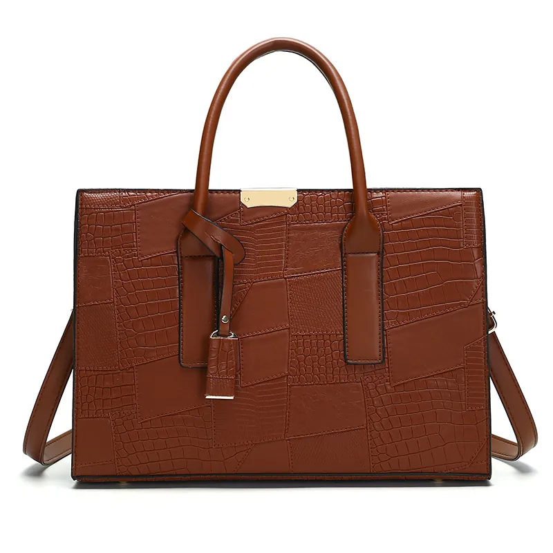 Vintage Women Tote Bag PU Leather Crocodile Embossed Patchwork Commuter Shoulder Handbag