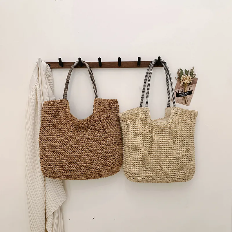 Woven Straw Tote Bag Large Capacity Handbag With Stripe Pattern Handle Summer Beach Vacation Casual Style For Women