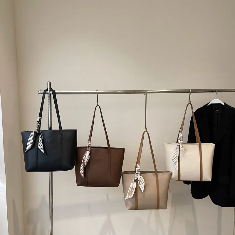 Large Capacity Tote Bag PU Leather Commuting Shoulder Handbag With Decorative Satin Scarf For Women