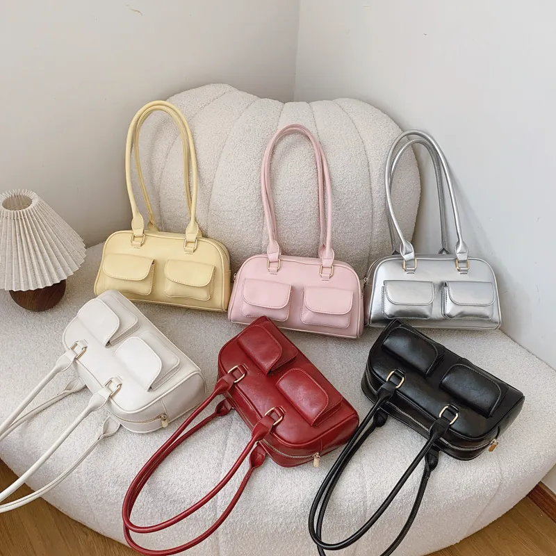 Women PU Leather Boston Bag Retro Large Capacity Commuter Shoulder Handbag With Front Pockets Solid Color Elegant