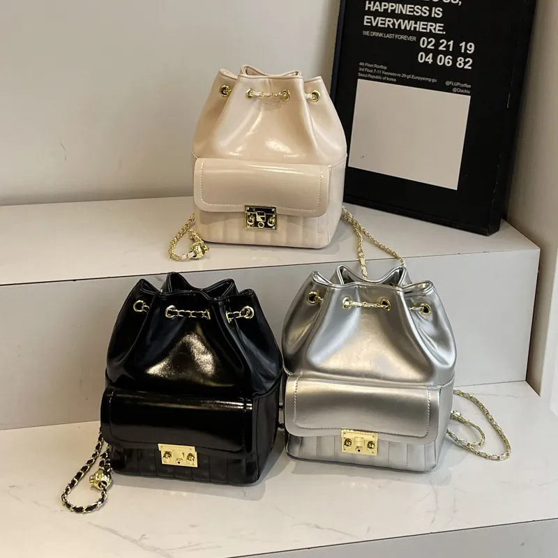 Bucket Backpack Women PU Leather Glossy Quilted Drawstring Bag With Gold Chain Strap Front Pocket Metal Lock Retro