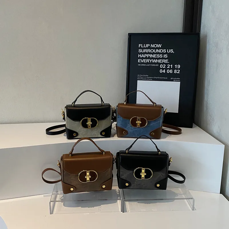 Retro Square Box Handbag Women PU Leather Denim Patchwork Crossbody Bag With Gold Metal Lock Top Handle Adjustable Strap