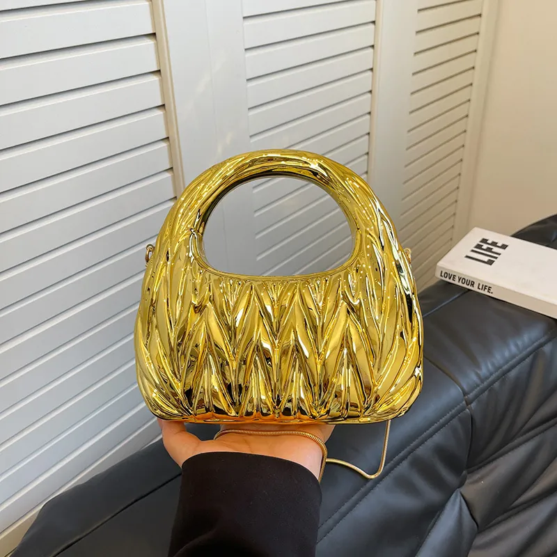 Metallic Acrylic Pleated Evening Bag Quilted Design Crescent Shape Party Clutch With Chain Strap