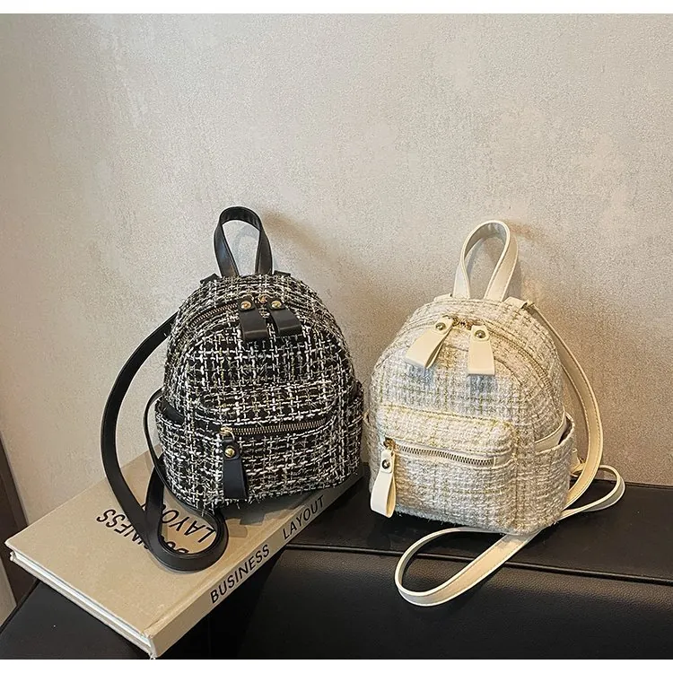 Mini Zainetto In Tessuto Tweed E Pelle PU Elegante Motivo A Griglia Hardware Dorato Decorazione Con Fiocco Per Donne Ragazze