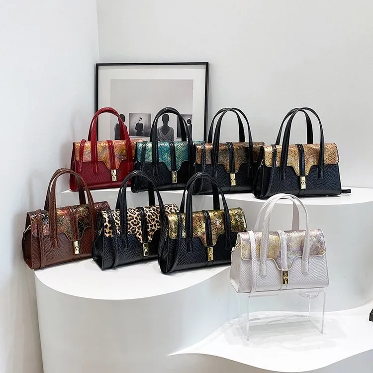 Women PU Leather Handbag Patchwork Snake Leopard Floral Embossed Top Handle Shoulder Bag Golden Lock Crossbody