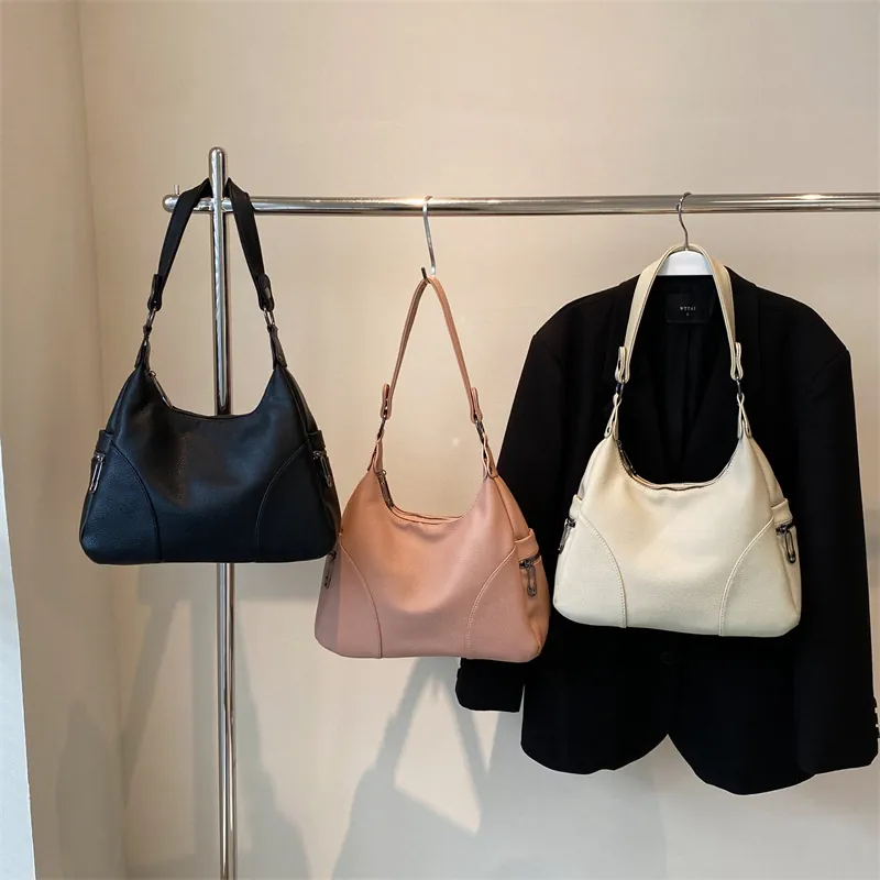 Hobo Shoulder Bag Litchi Texture PU Leather Large Capacity Simple Solid Color Commute Handbag For Women