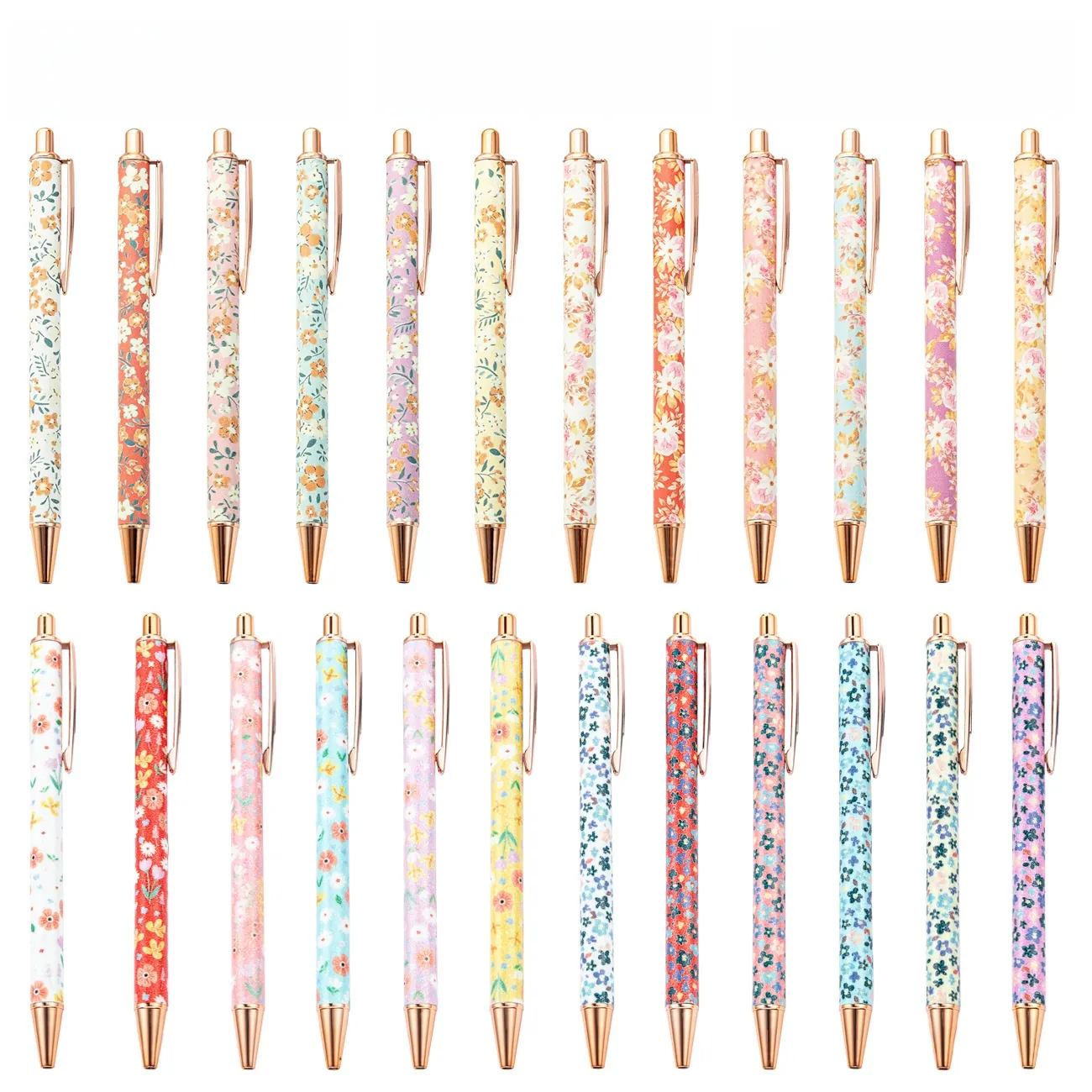 Elegant Floral Retractable Ballpoint Pen Rose Gold Metal Accents Pastoral Style Fresh Office School Writing Pen For Women Students