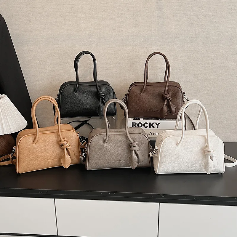 Sac À Main Boston Femme En Cuir PU Motif Lychee Chic Sac Bandoulière À Double Poignée Décor De Nœud Sac À Épaule Polyvalent