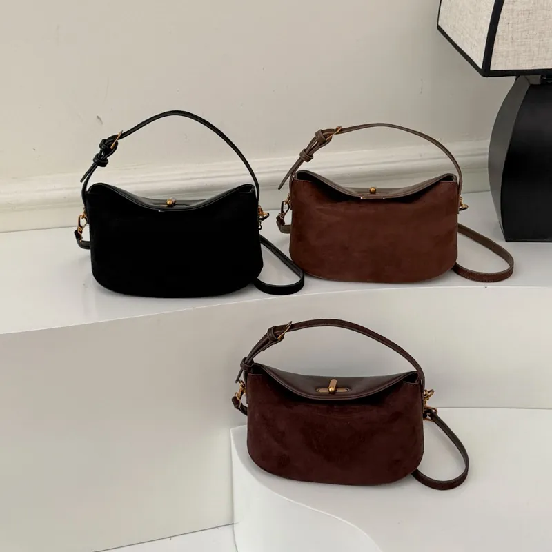 Retro Matte Suede PU Shoulder Handbag Large Capacity Half Moon Dumpling Bag With Twist Lock Chic Minimalist For Women
