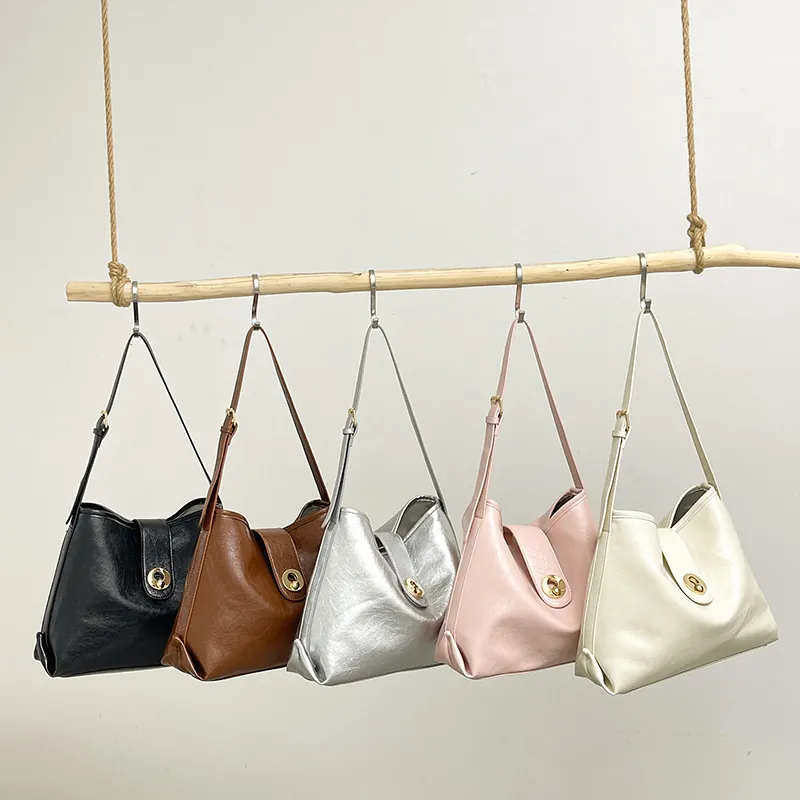 Women Shoulder Bag PU Leather Golden Metal Buckle Adjustable Strap Solid Color Minimalist Tote Handbag