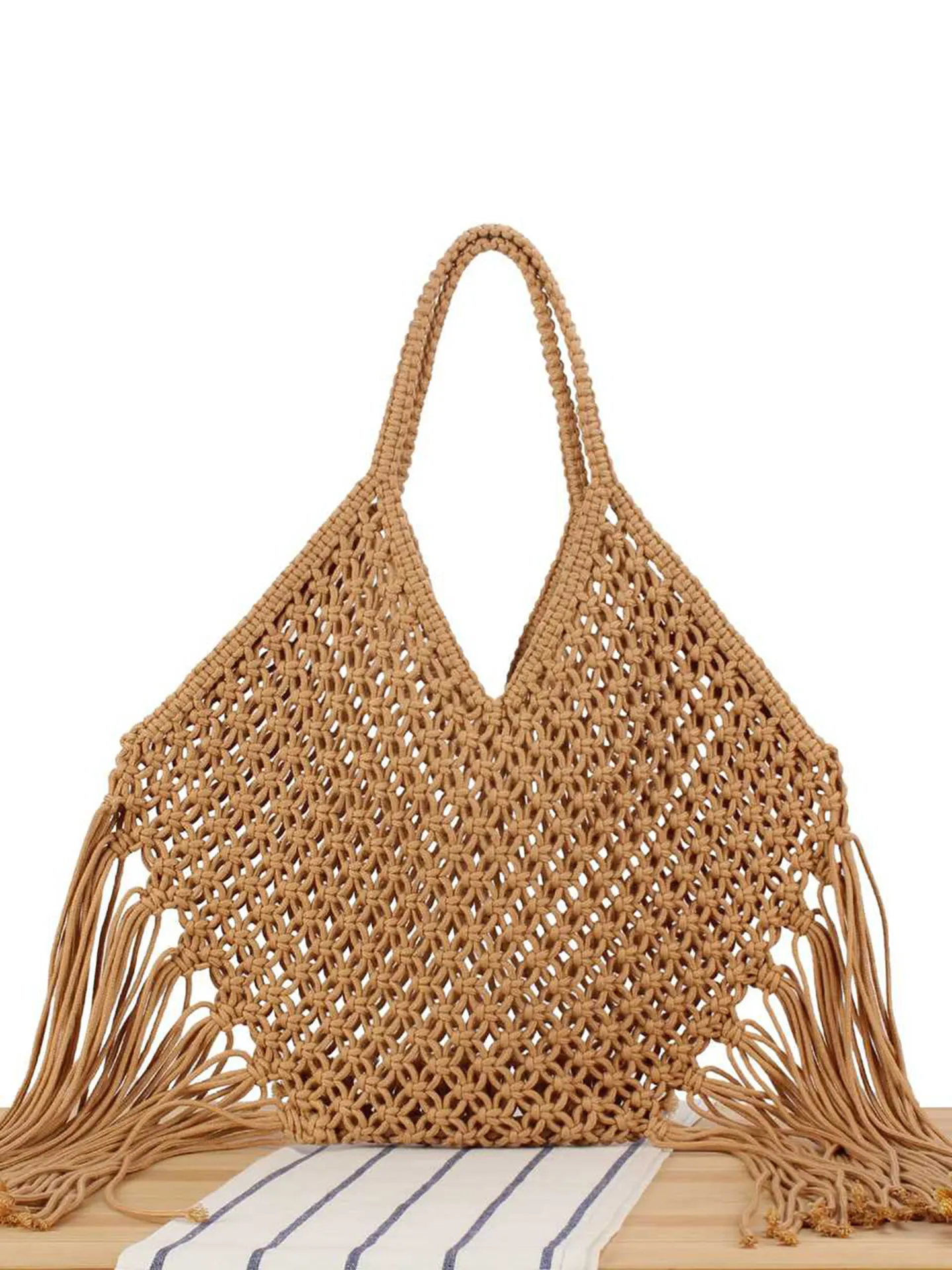 Handmade Woven Shoulder Bag Cotton Rope Hollow Mesh Long Tassel Bohemian Beach Holiday Casual Tote For Women