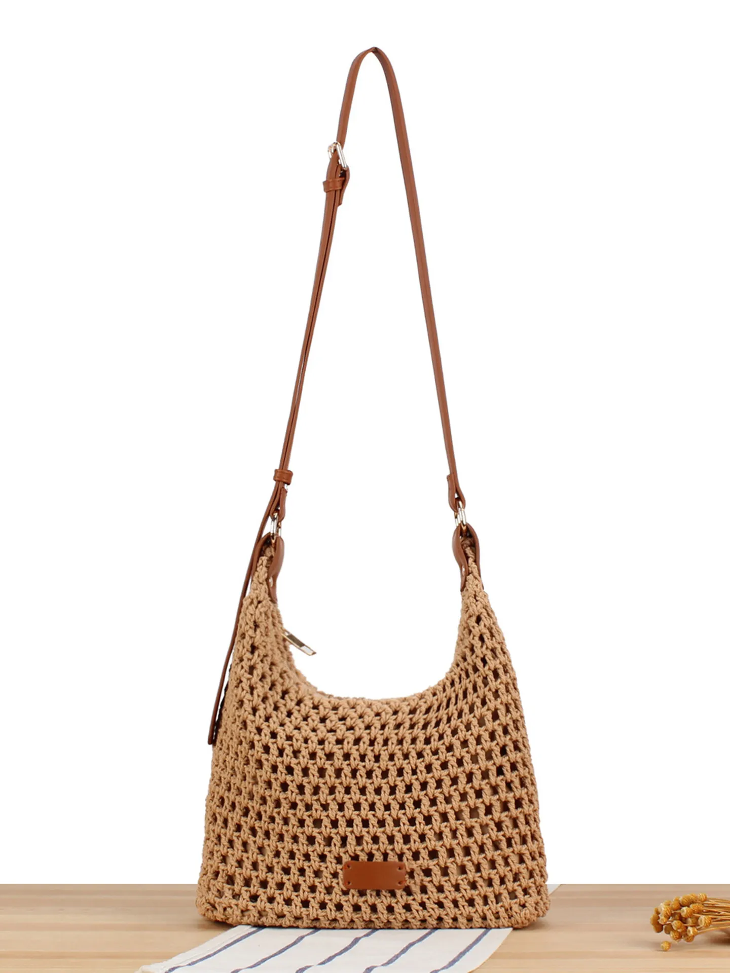 Women Cotton Rope Woven Crossbody Bag Hollow Crochet Summer Beach Vacation Shoulder Bag With Adjustable PU Strap