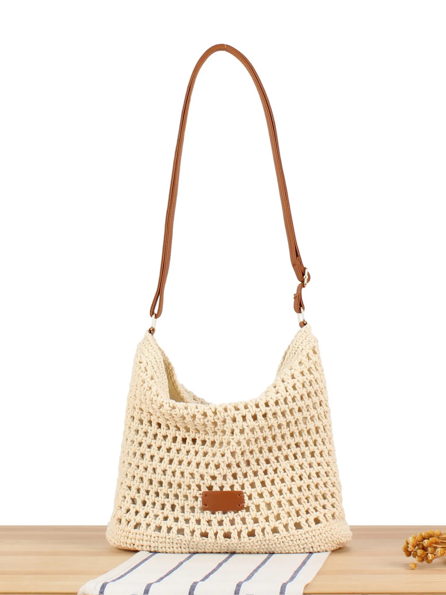 Woven Cotton Rope Crossbody Bag With Adjustable Leather Strap Hollow Out Mesh Summer Beach Vacation Shoulder Purse For Women