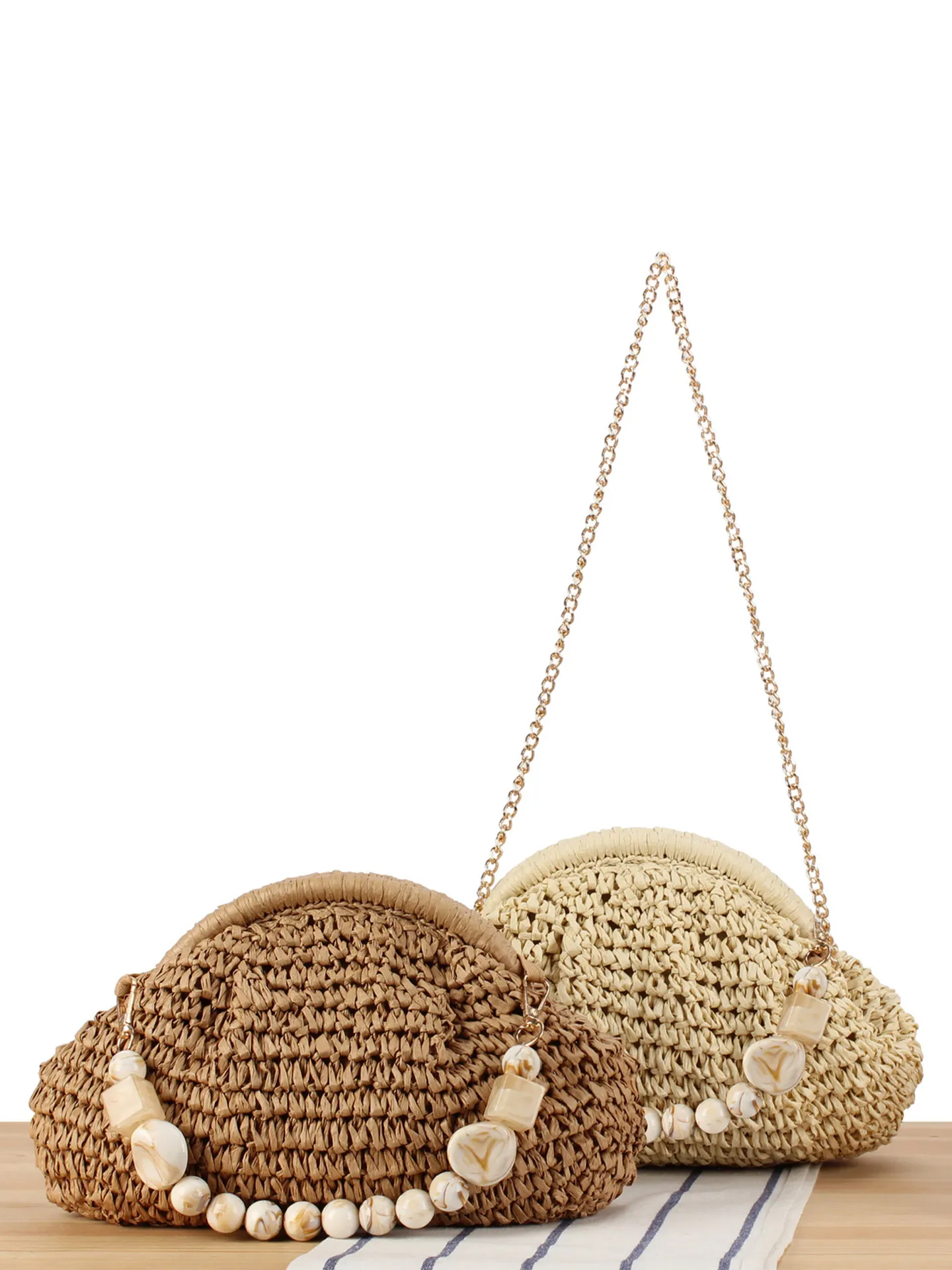 Woven Paper Straw Crossbody Bag With Marble Resin Beads Handle And Metal Chain Strap For Women Summer Beach Vacation