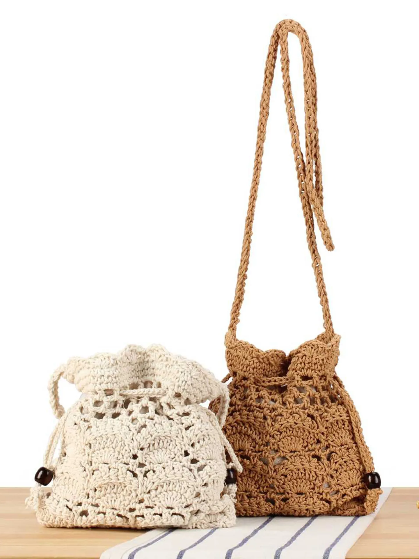 Woven Cotton Rope Crossbody Bag Women Handmade Hollow Crochet Drawstring Bucket Bag Boho Holiday Beach Purse Wood Beads