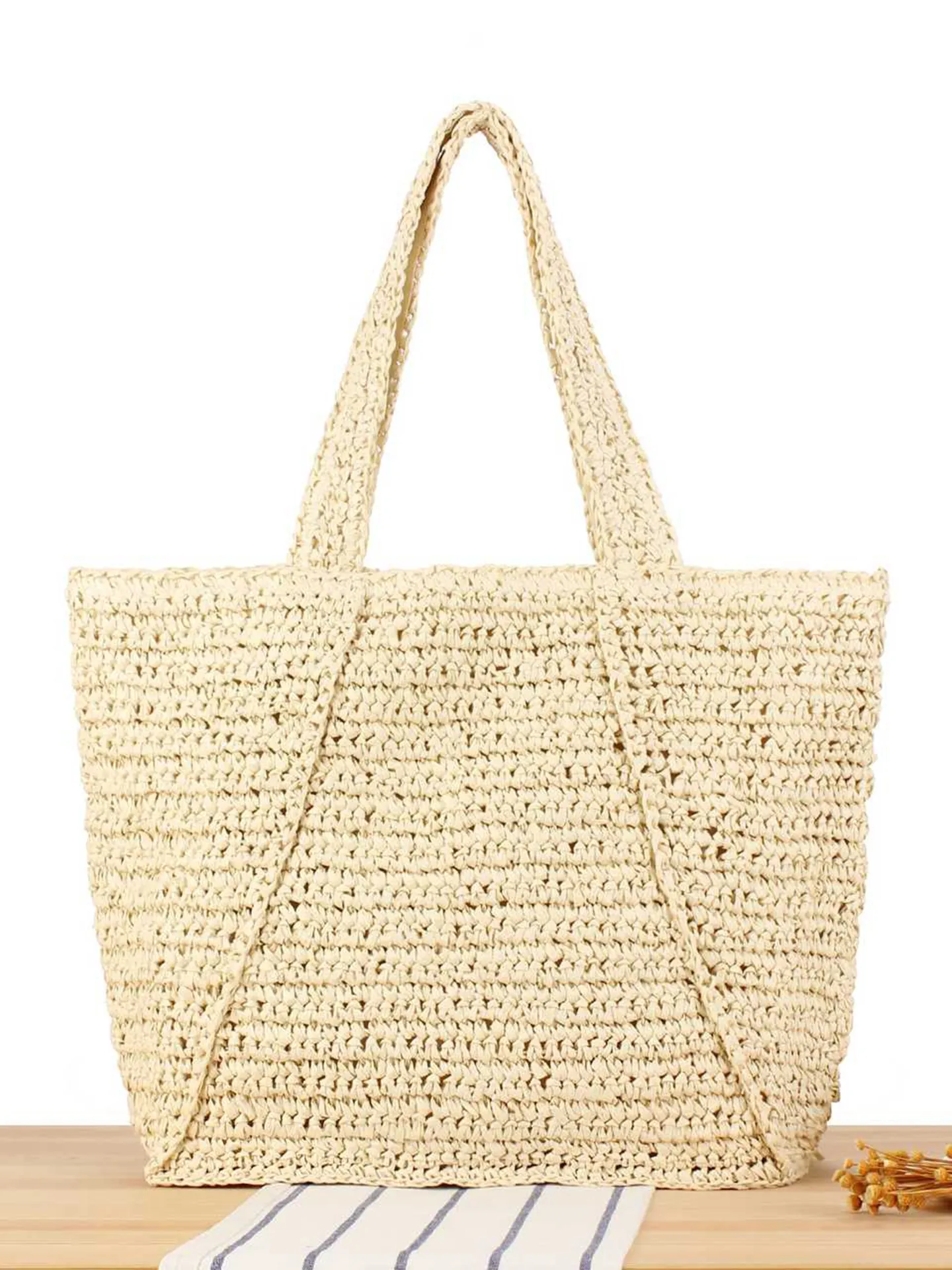 Large Capacity Woven Paper Straw Tote Bag Women Casual Vacation Beach Shoulder Handbag With Zipper