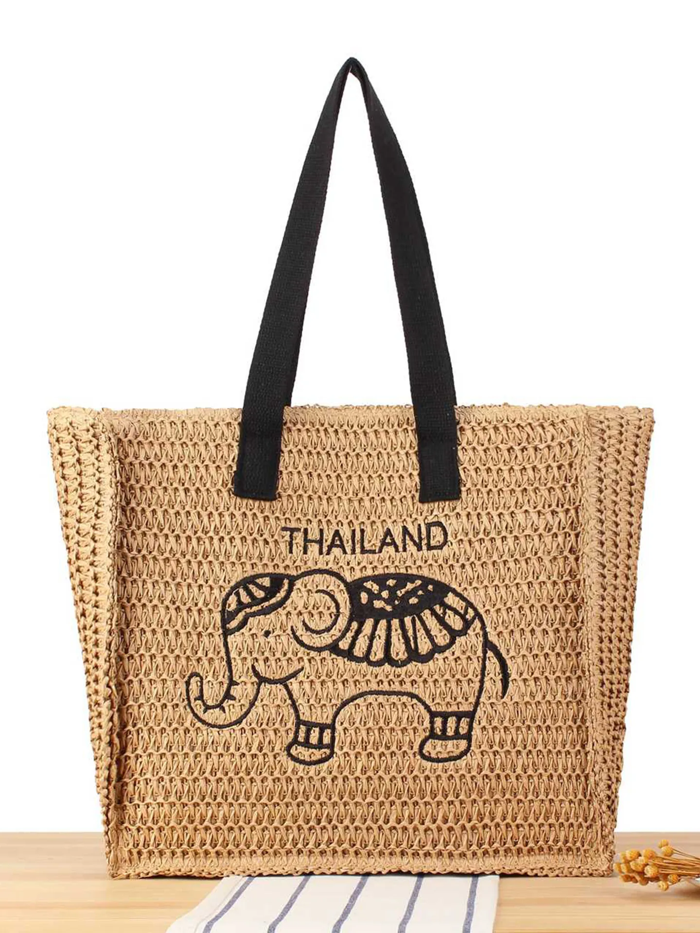 Summer Woven Paper Straw Tote Bag Large Capacity Beach Shoulder Handbag Elephant Embroidery Thailand Style For Women