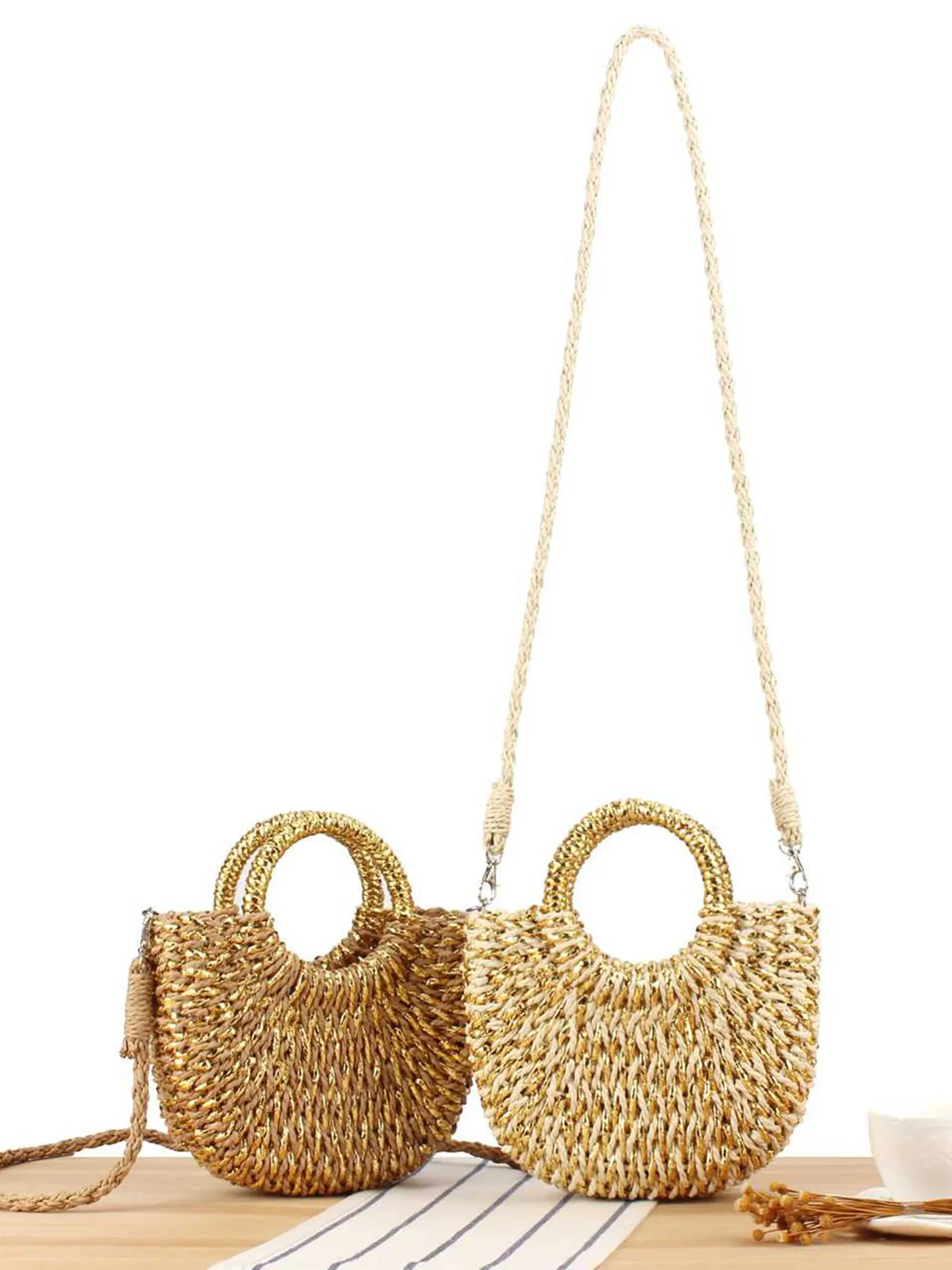 Sac Bandoulière En Paille Papier Fil Métallique Poignée Ronde Été Plage Vacances Main Décontracté Femmes Mode Élégant