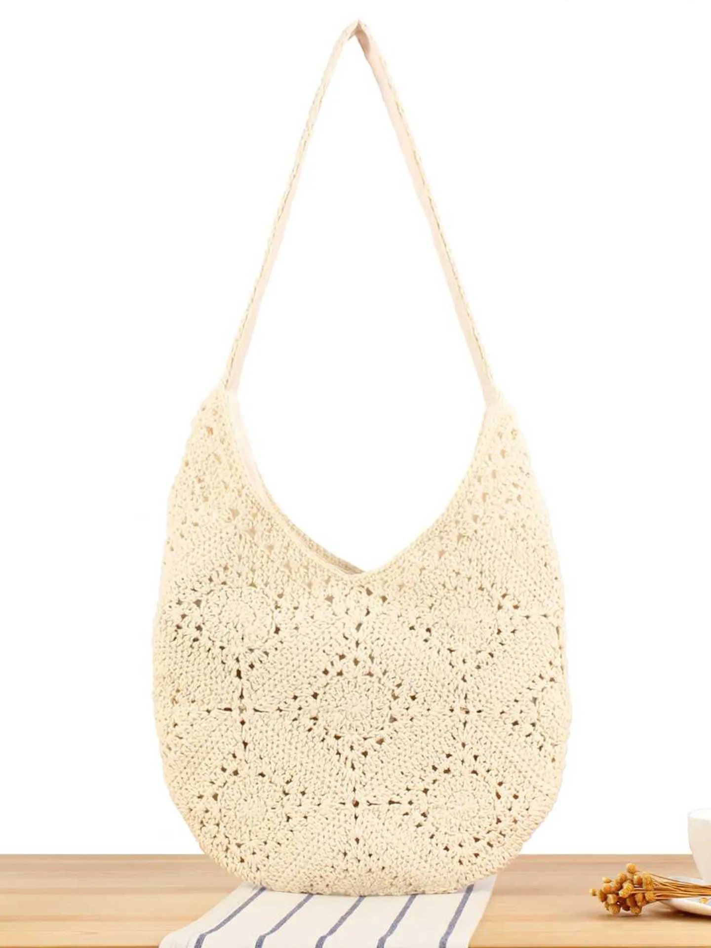 Borsa A Spalla In Corda Di Cotone Intrecciata A Mano Uncinetto Motivo Floreale Bohemien Borsa Da Spiaggia Estiva Donna