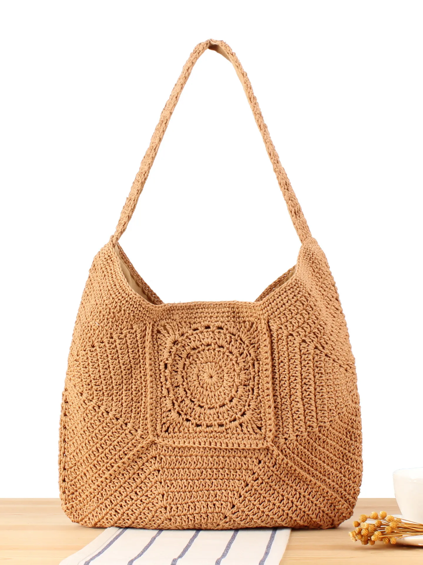 Women Handmade Cotton Rope Woven Shoulder Bag Crochet Granny Square Large Capacity Tote For Summer Beach Vacation