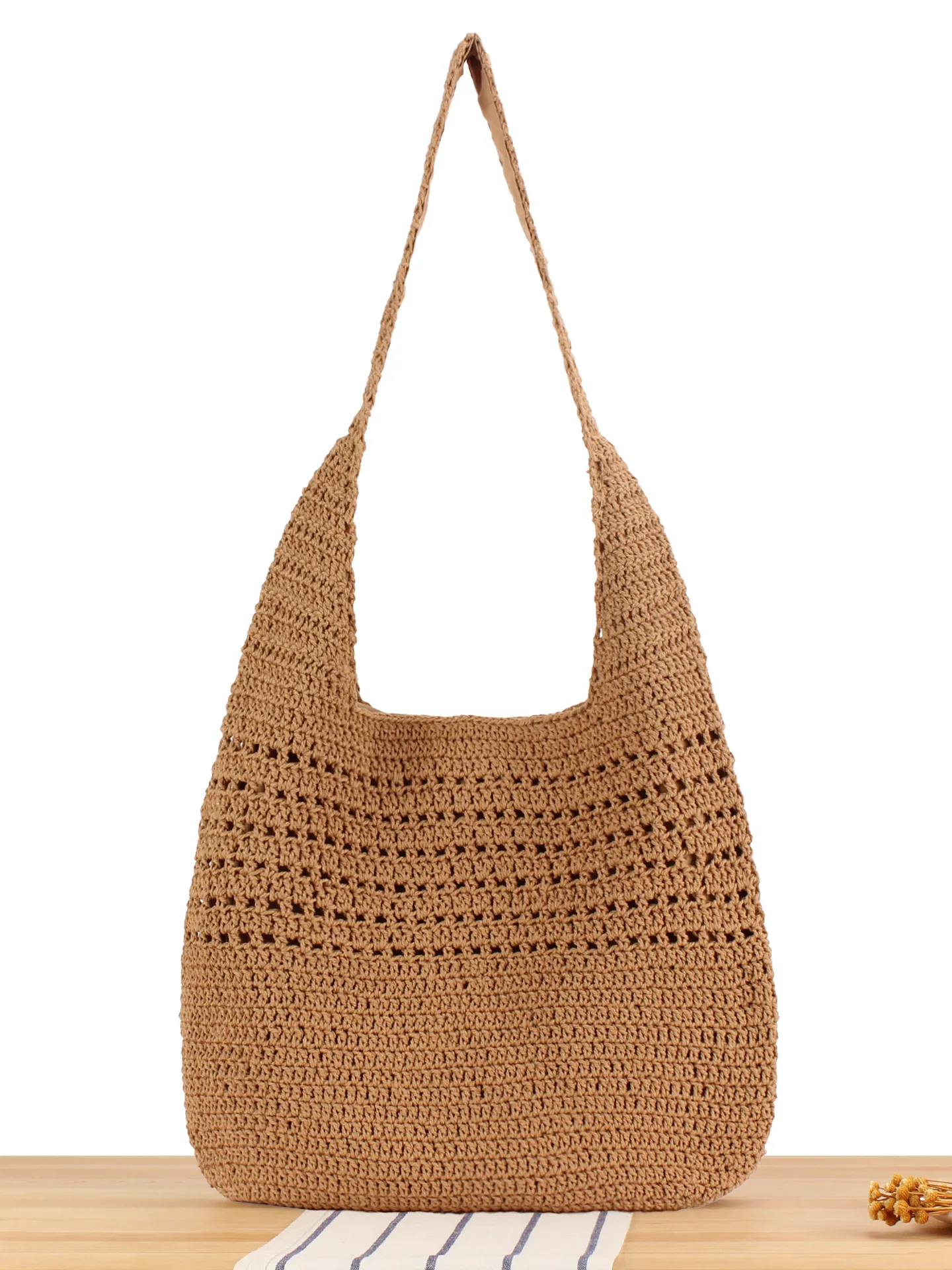 Sac À Épaule Tissé En Corde De Coton Crocheté Grande Capacité Design Évidé Sac Fourre-Tout De Plage Été Pour Femmes