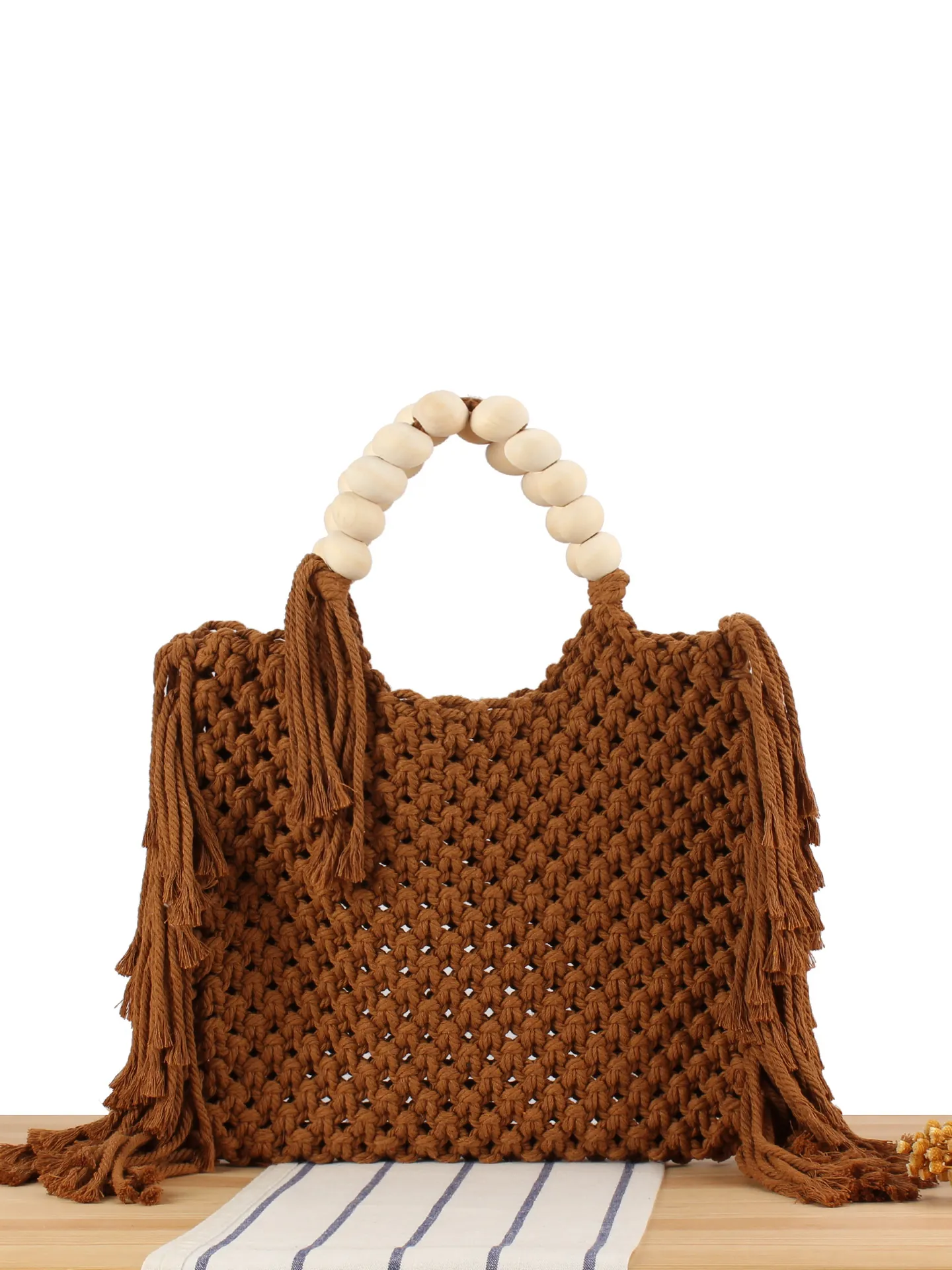 Handmade Woven Handbag Cotton Rope Macrame With Wood Bead Handles Tassels Bohemian Beach Vacation Casual For Women