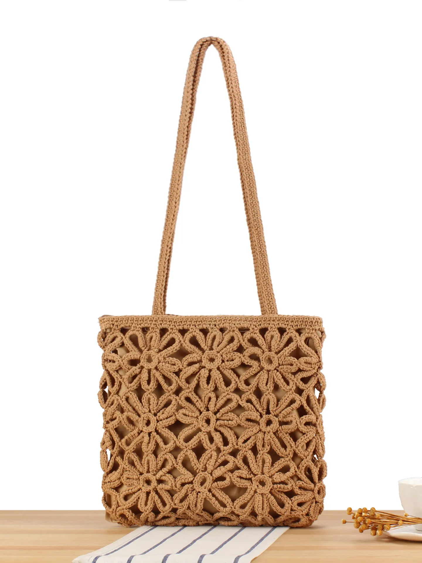 Sac À Épaule Tissé En Corde De Coton Pour Femmes Crochet Fleurs Plage Vacances Boho Été Sac Fourre-Tout Avec Fermeture Éclair