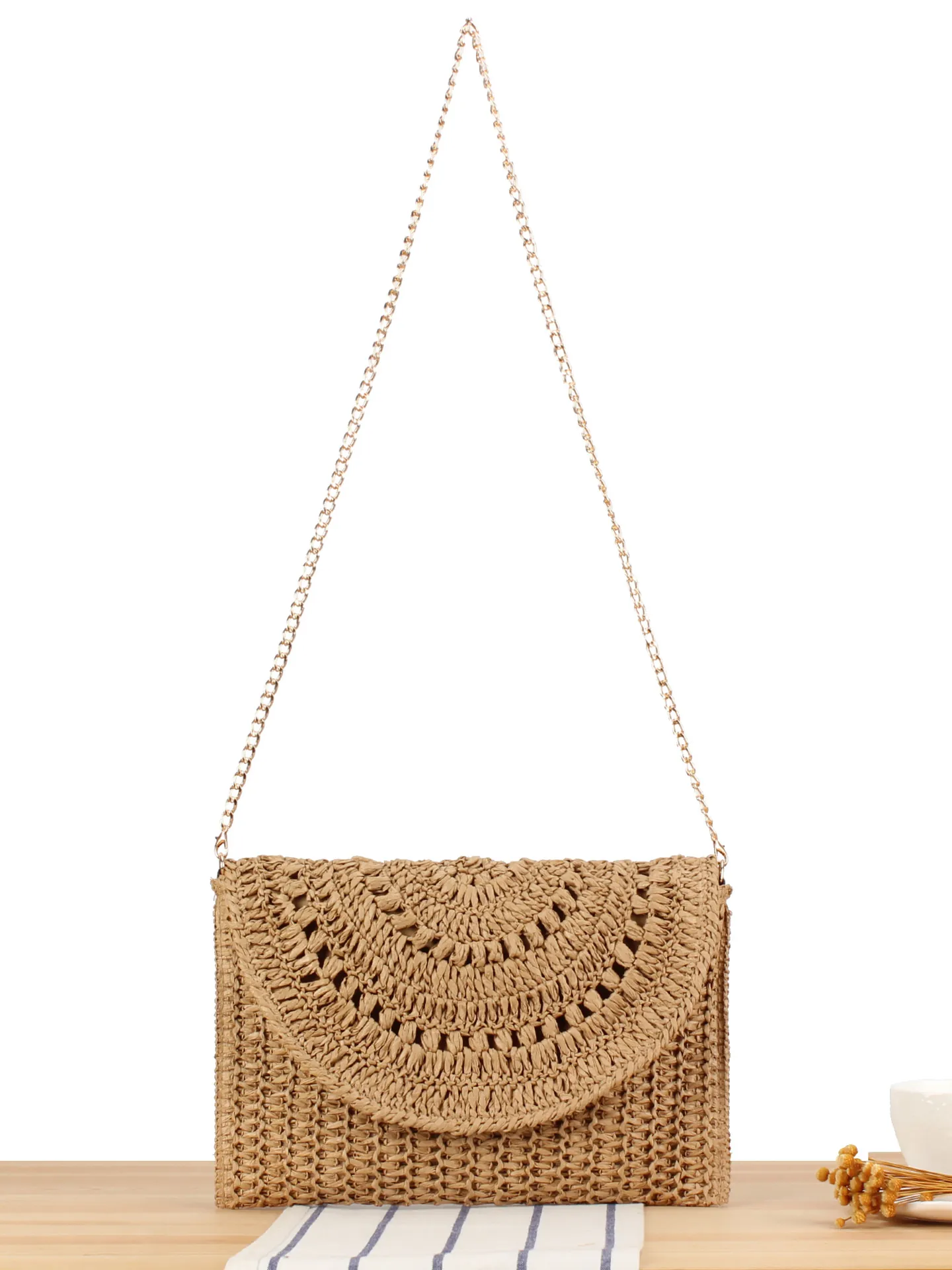Women Woven Straw Crossbody Bag Crochet Paper Straw Flap Handbag With Metal Chain Strap For Beach Vacation Boho Style