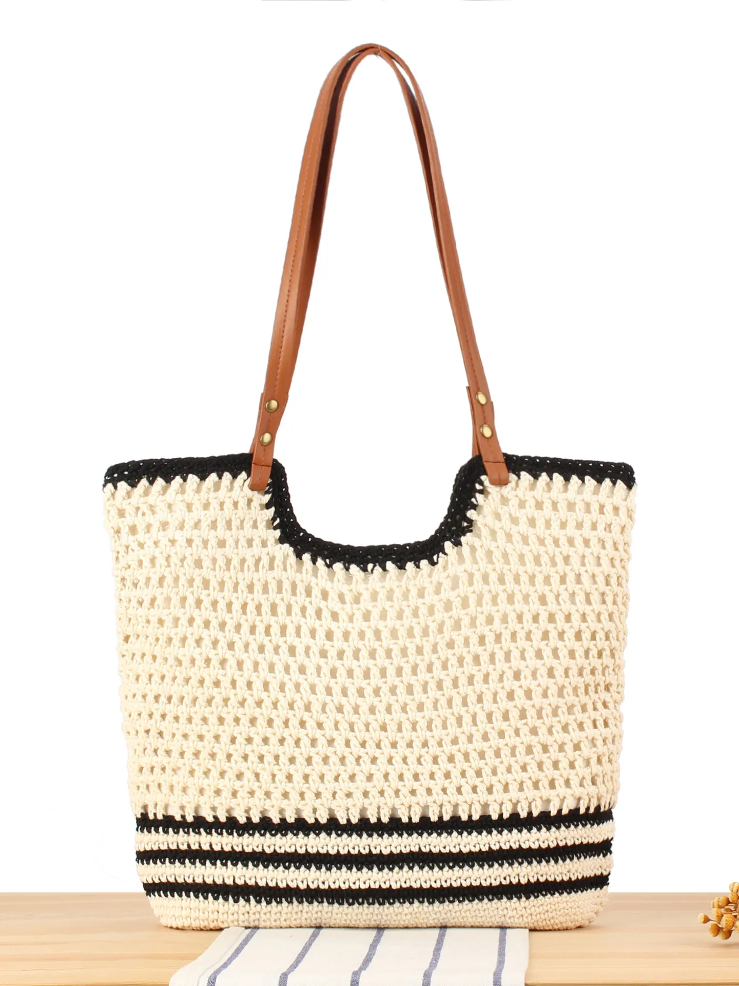 Handmade Crochet Woven Tote Bag Cotton Rope Striped Summer Beach Vacation Shoulder Purse Casual Fashion For Women