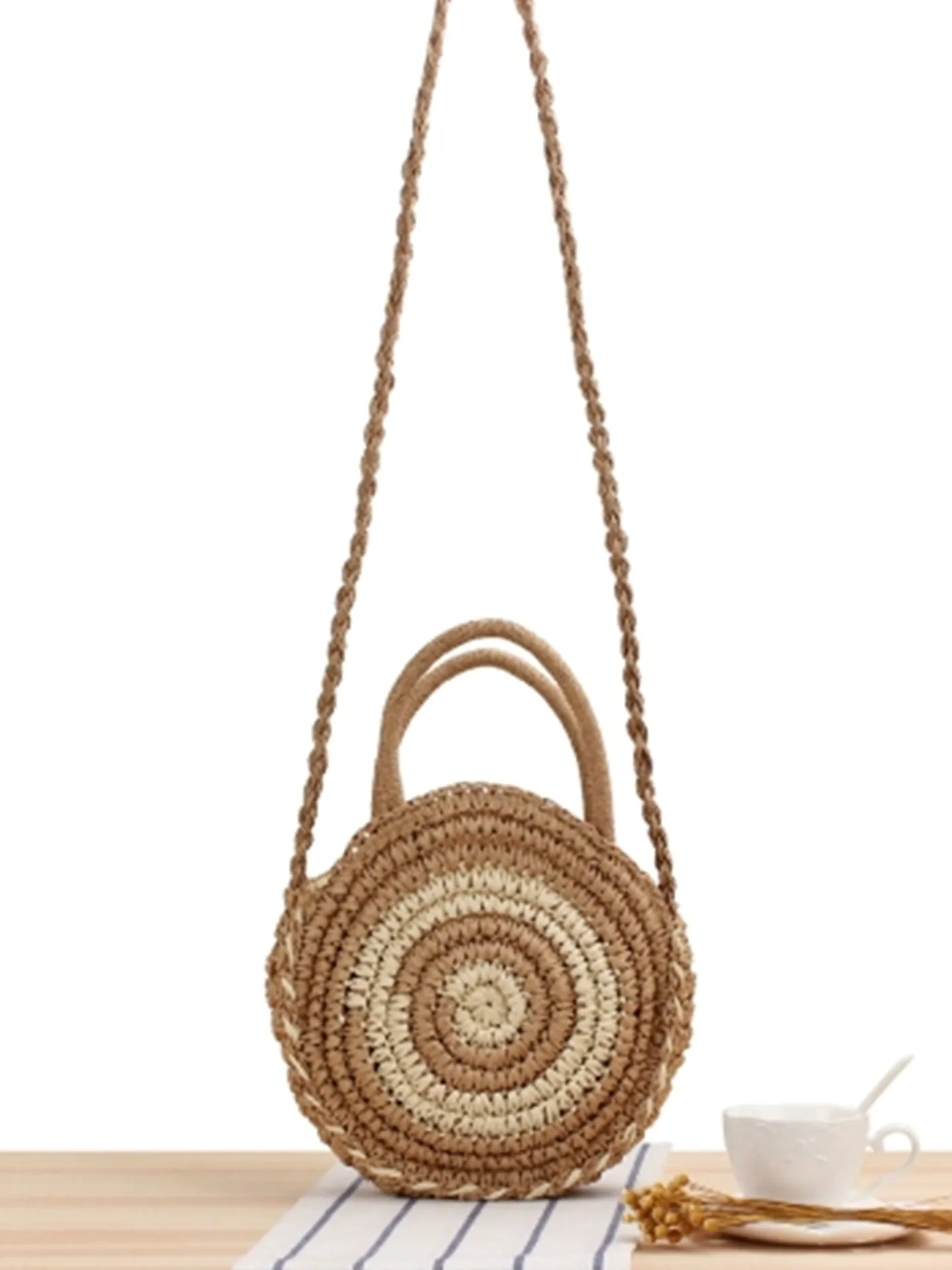 Sac Tissé En Paille Ronde Corde En Papier Fait Main Rayures Spirales Poignée Supérieure Bandoulière Femmes Vacances Plage