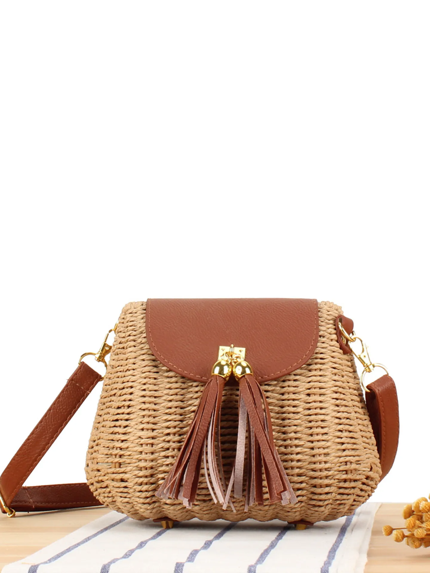 Sac Bandoulière Tissé Corde Papier Rotin Rabat Cuir PU Gland Vacances Plage Style Bohème Sac Épaule Femmes Sac À Main