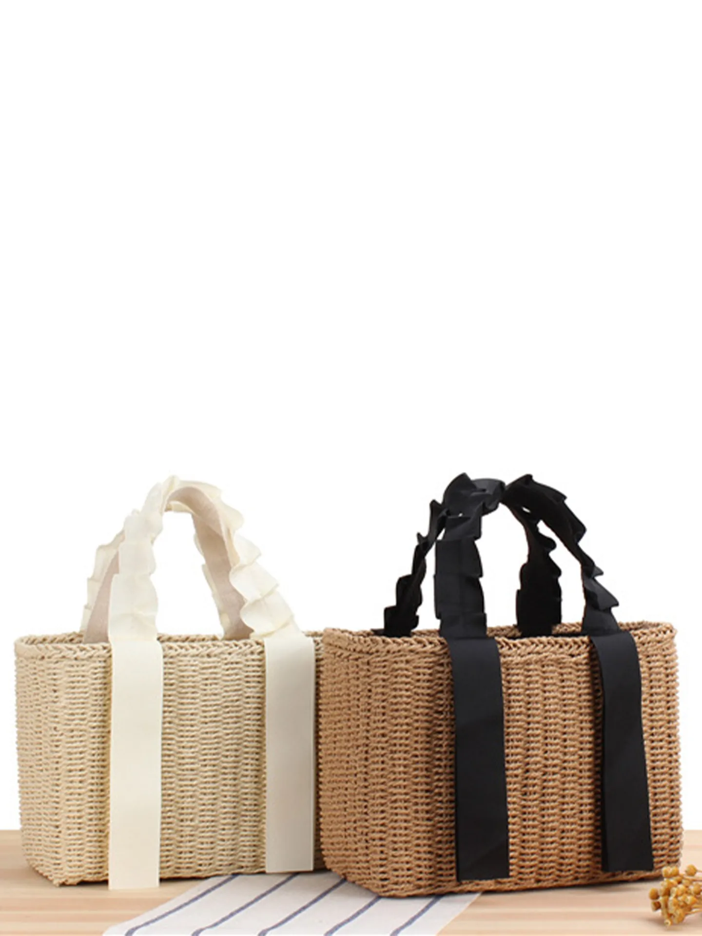 Hand Woven Paper Handbag With Ruffled Ribbon Pastoral Casual Beach Vacation Tote For Elegant Women Fashion Accessory