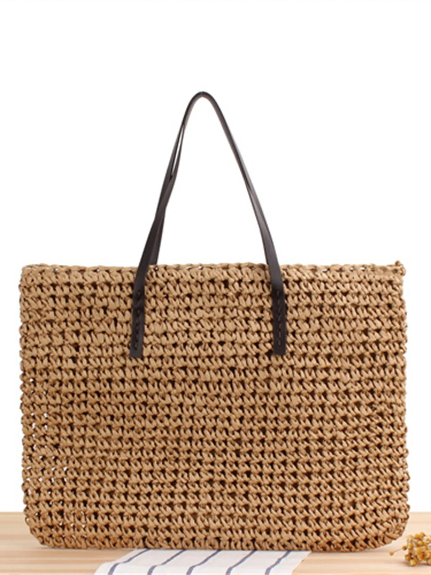 Large Capacity Woven Shoulder Tote Bag Paper Rope Synthetic Leather Zipper Casual Beach Vacation Bohemian For Women
