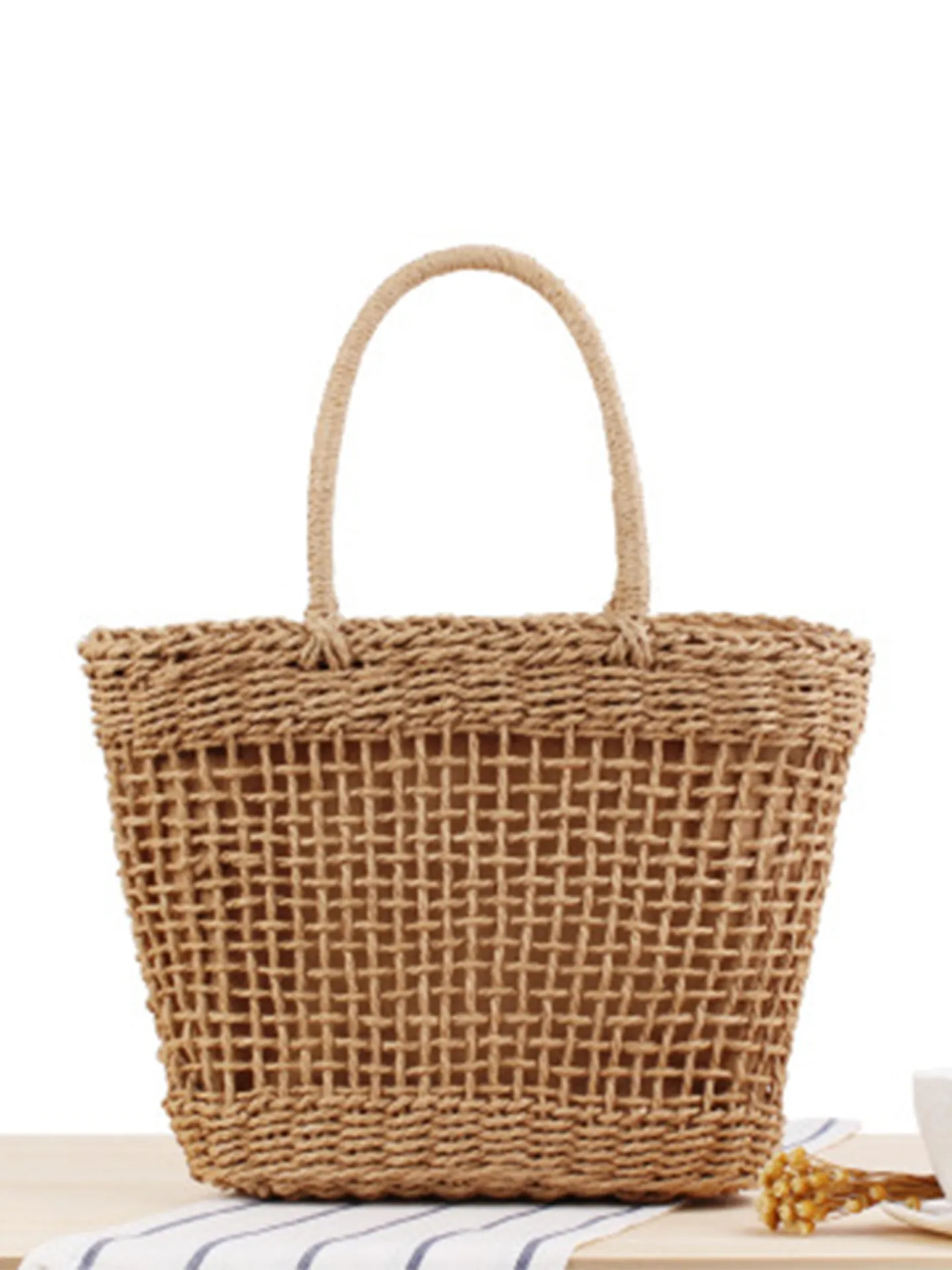Women Woven Tote Bag Paper Rope Hollow Out Mesh Handbag With Lining Drawstring Vacation Beach Casual Simple Natural Style