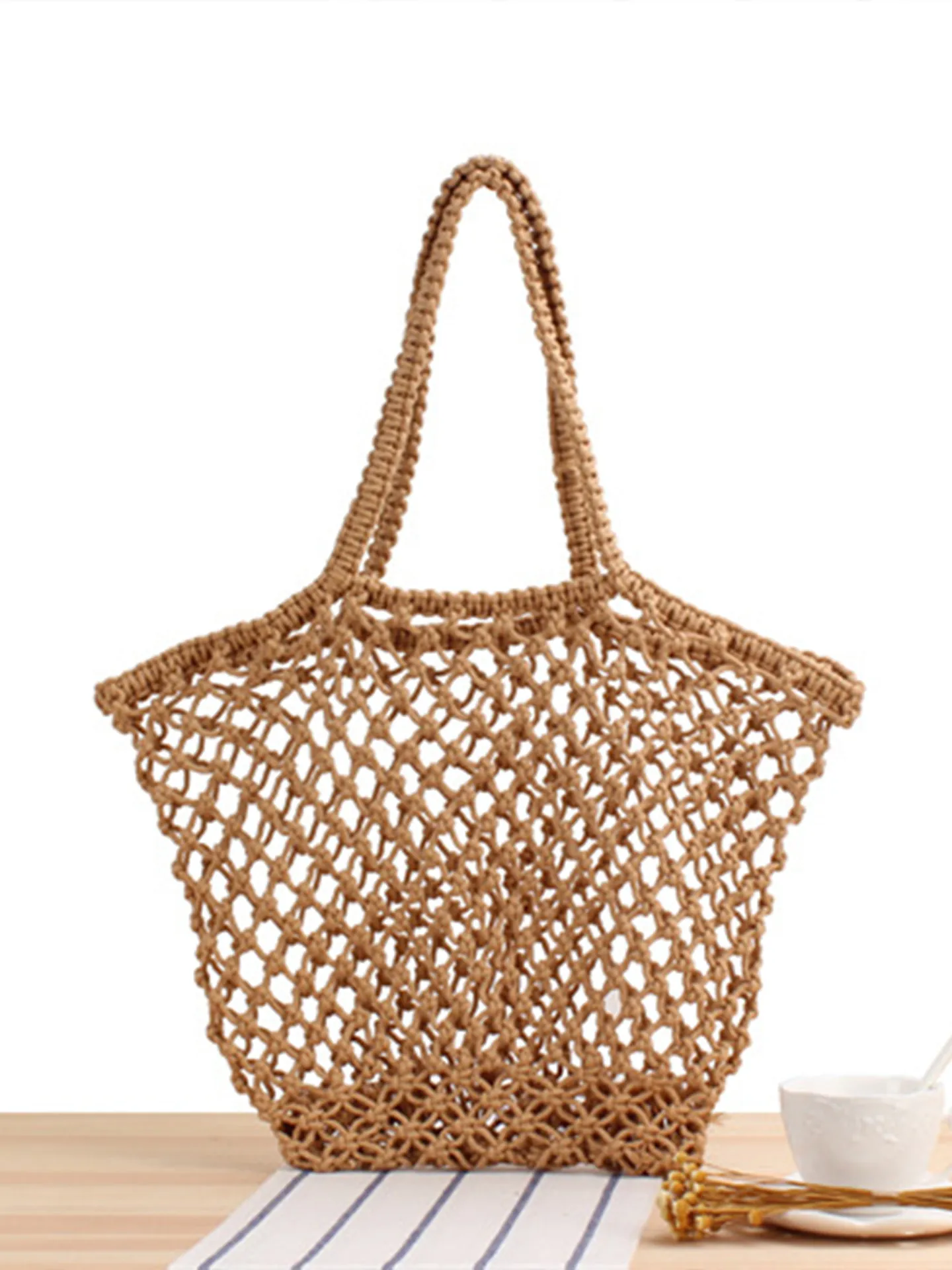 Sac À Épaule En Corde De Coton Tissé À La Main Filet Bohème Plage Cabas Avec Pochette Intérieure Femmes